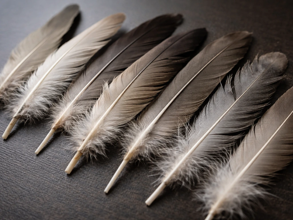 Close-up of mixed bird feathers in different molt-like conditions laid on a dark surface.