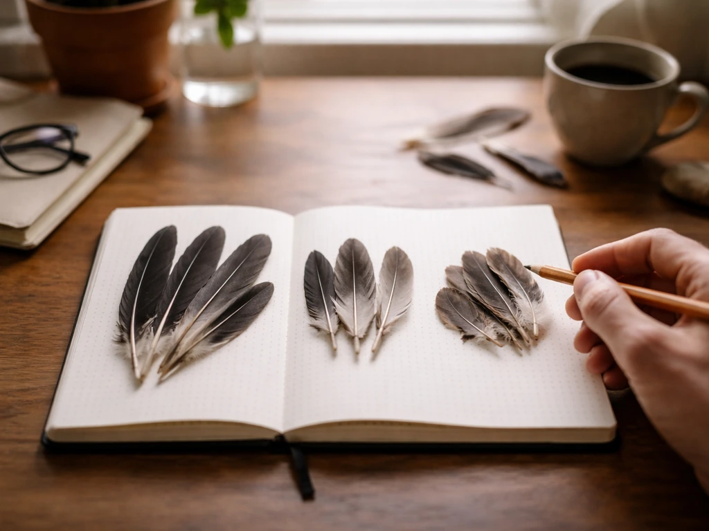 Close-up of a notebook with feather-shaped cutouts and grouped counting on a wooden desk