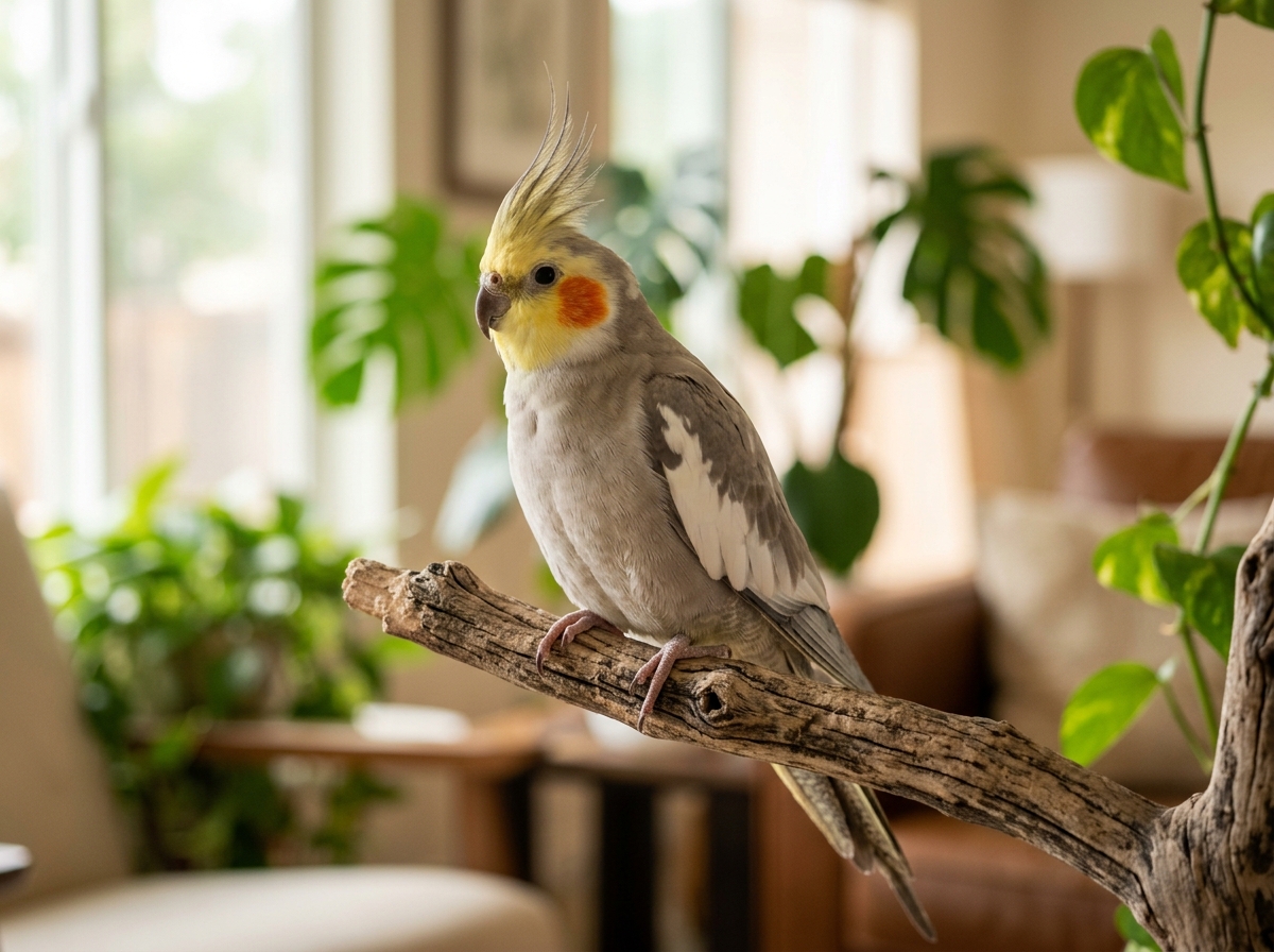 Parrot close-up showing faint dusty, warm feather-dust smell associated with clean birds
