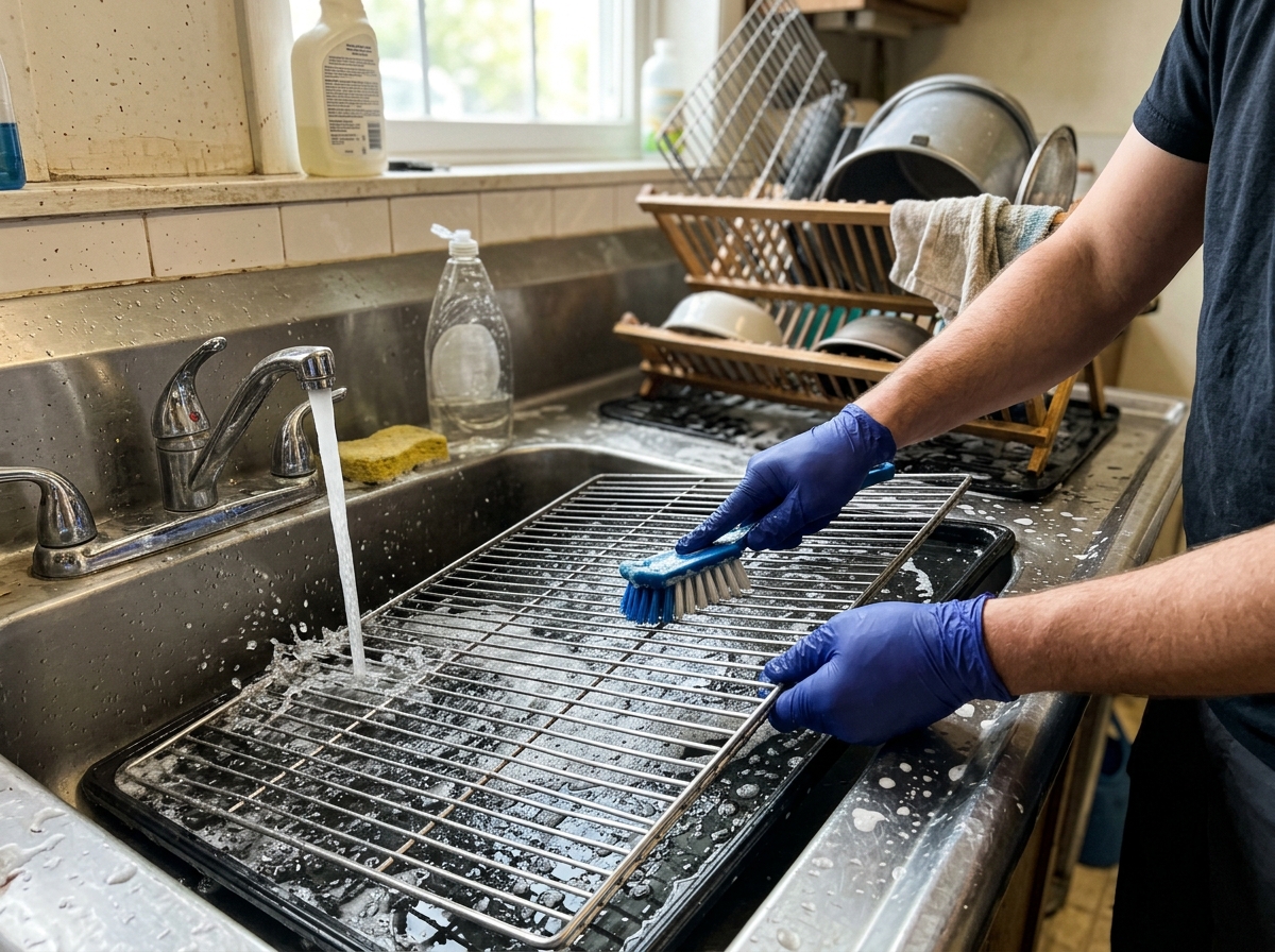 Home inspection from bottom of cage: tray, liner, and grate checked in sequence