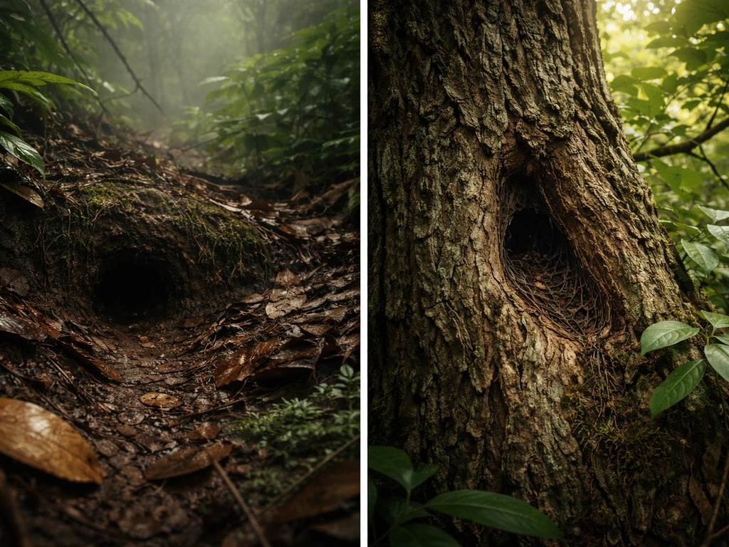 Split view of rainforest ground burrow and arboreal vegetation where bird spiders can live