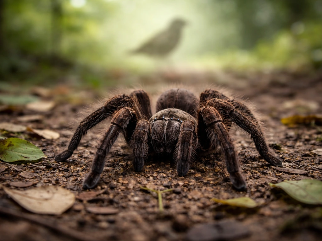 Large tarantula-like spider with a pale, bird-like silhouette on a simple nature background
