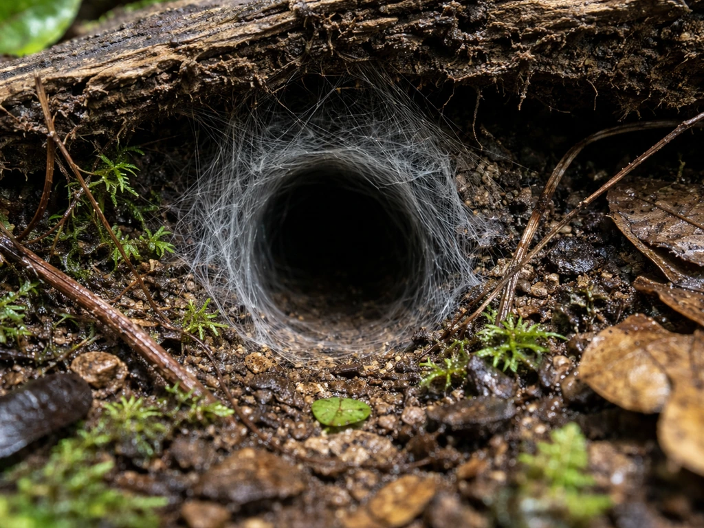 Close-up of a silk-lined rainforest burrow under a log with damp leaf litter and moss around it.