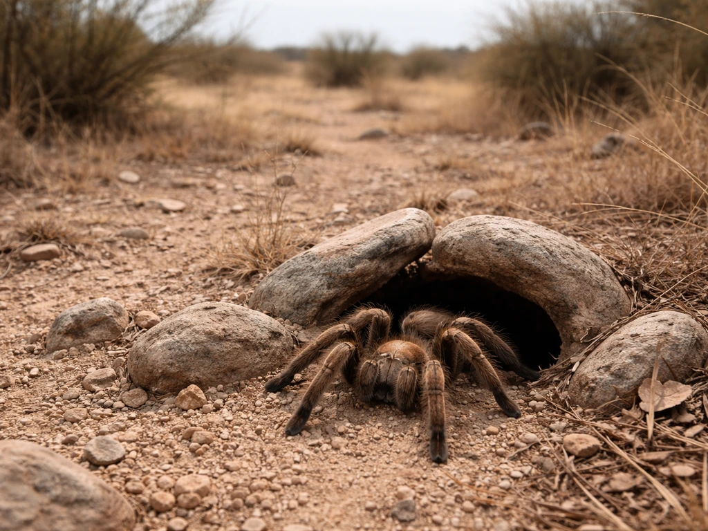 A burrowing tarantula near a rocky scrub hole in a dry semi-arid savanna landscape