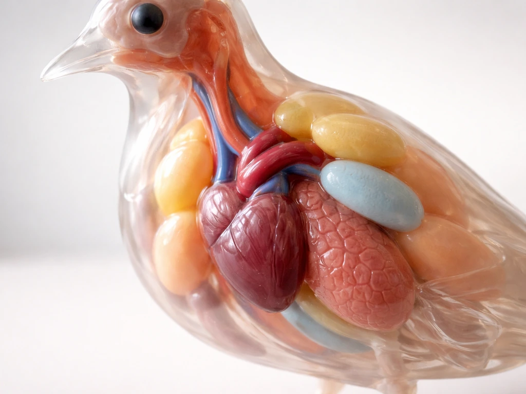 Minimal anatomical model showing a bird heart positioned near air sacs and lungs