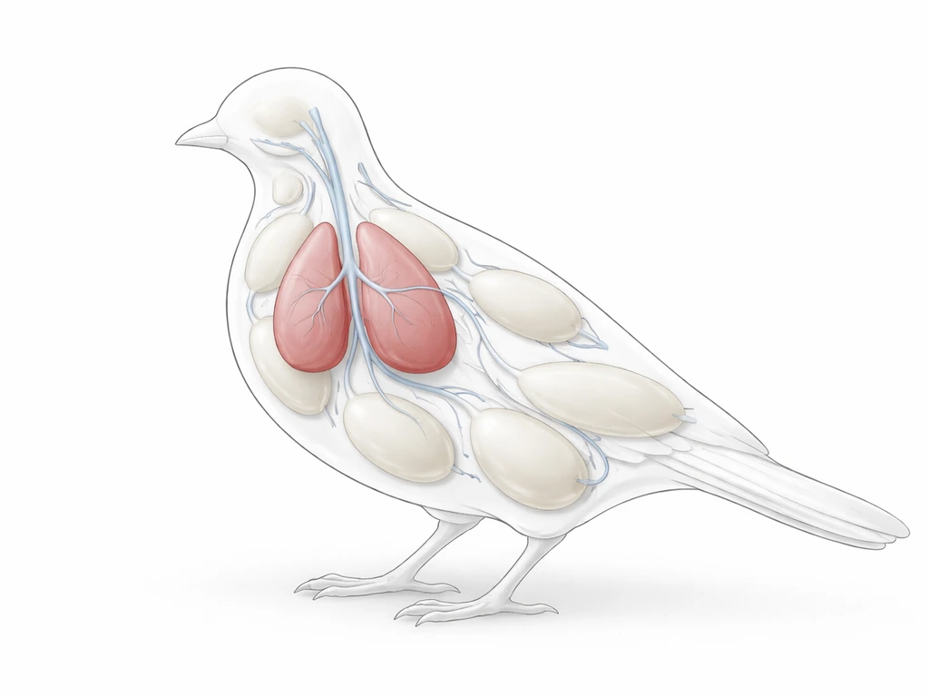 Clean anatomical concept showing a bird’s two lungs connected to multiple air sacs for one-way airflow.