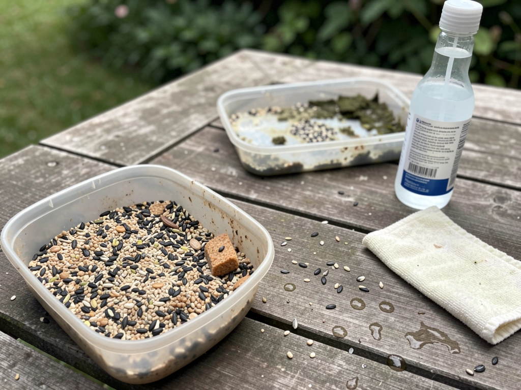 Checklist troubleshooting: fresh feeder setup vs old moldy food