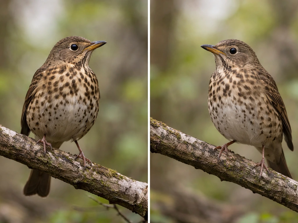 Two wildlife photos of a thrush on a branch, showing subtle color differences between sexes.