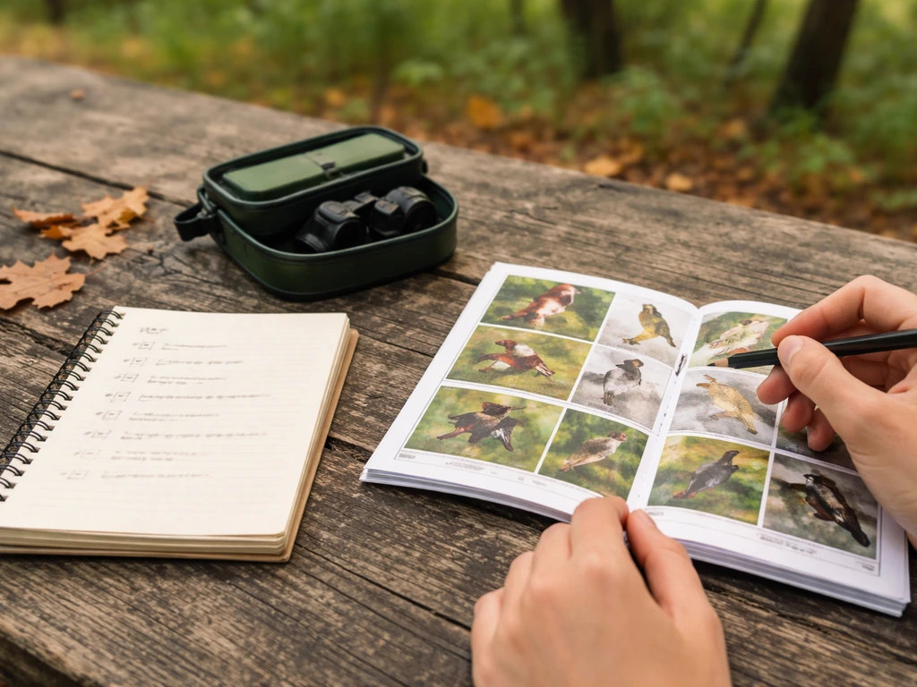 Hands annotating a bird ID guide and field notebook on a wooden table outdoors.