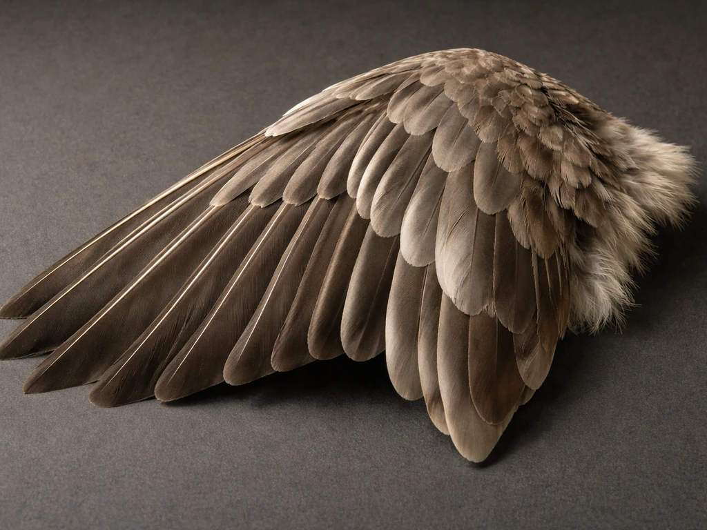 An isolated bird wing specimen shown folded inward, with feathers draping to reveal how the wing collapses.