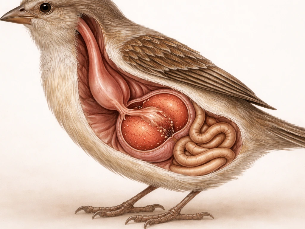 Photo-style cross-section of a bird digestive tract with the gizzard shown as a muscular grinding chamber