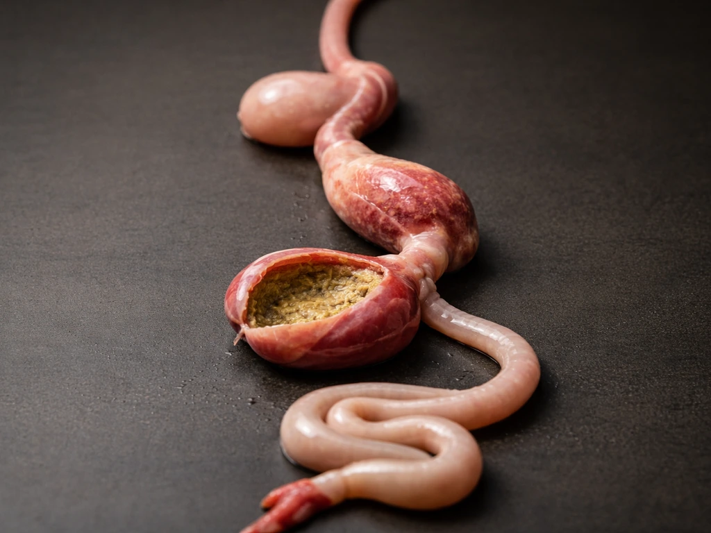 Realistic anatomical specimen showing a bird digestive tract sequence with gizzard next to intestine.