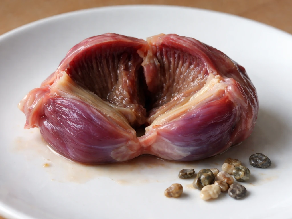 Close-up of an opened chicken gizzard on a white plate with small stones beside it.