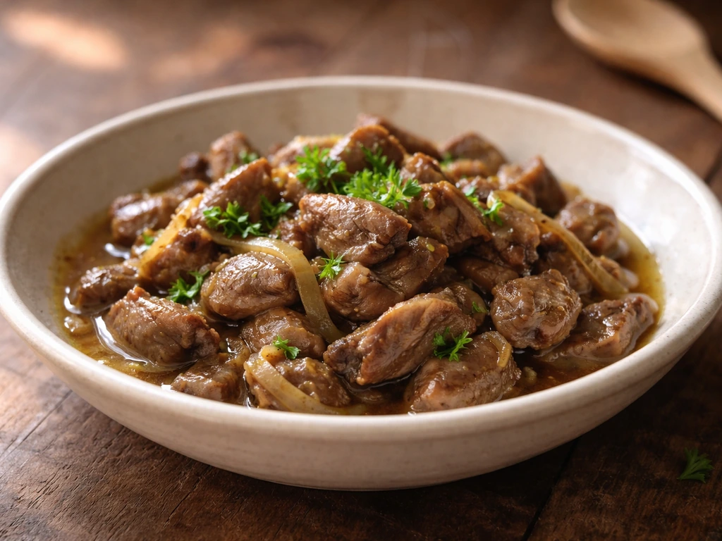 Plated braised chicken gizzards with onions and herbs in a simple rustic bowl