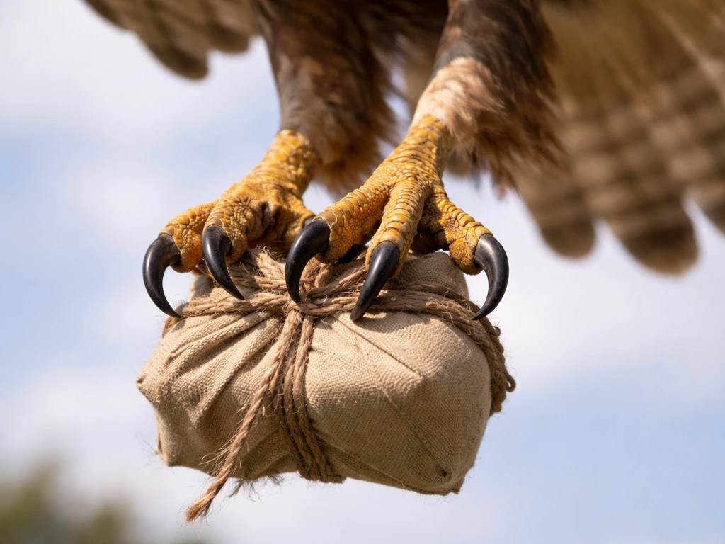 Close-up of raptor talons gripping prey, showing a sustained carry in flight.
