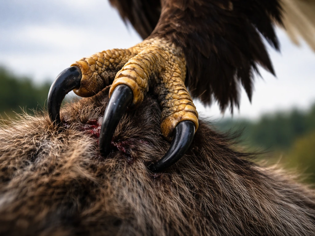 Close-up of an eagle’s foot and oversized talons gripping prey, showing claw texture and grip tension.