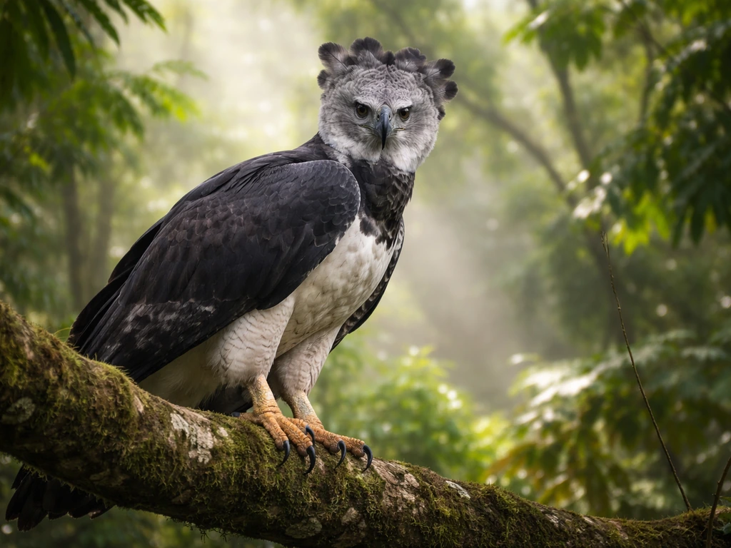 Female harpy eagle perched on a rainforest branch with lush green background and soft misty light.
