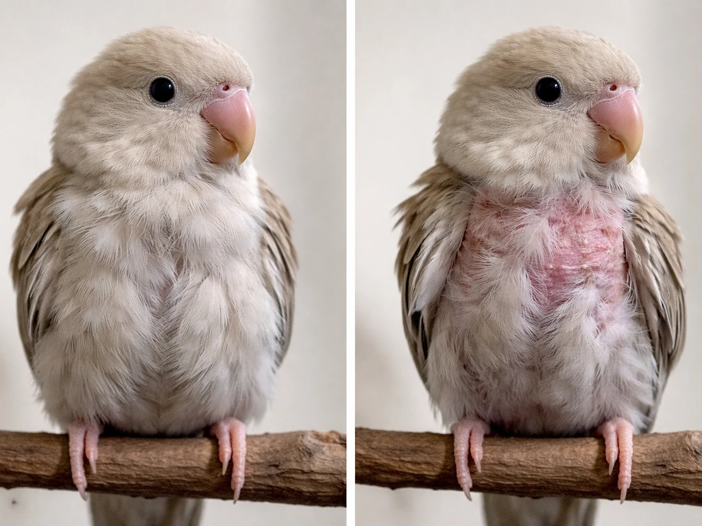 Bird in two side-by-side views: even shedding during normal molt vs irregular bare, irritated patches in abnormal loss.