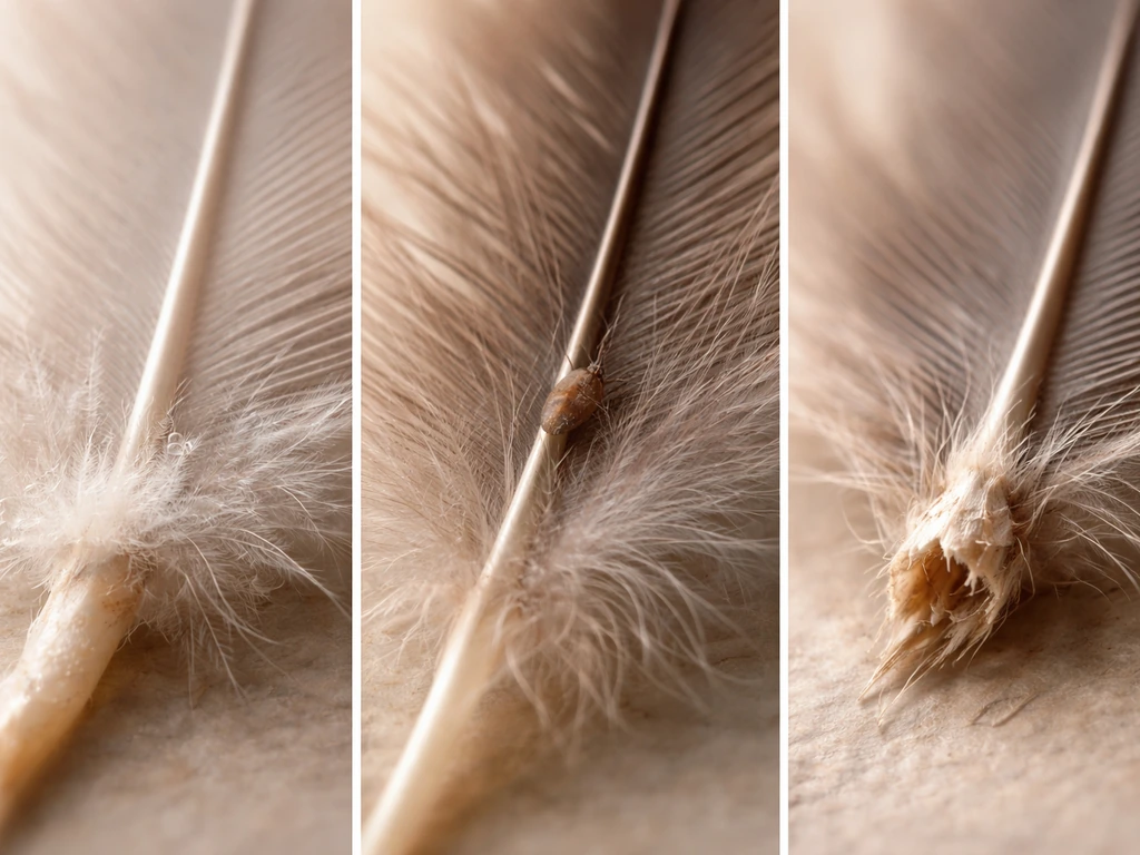 Macro close-up of a bird feather showing regrowth near the base, a small parasite-like shape, and a broken base.