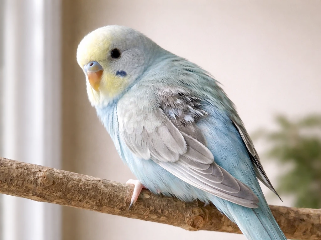 Close-up of a small bird on a perch showing gradual feather gaps with tiny pin feathers on the wing