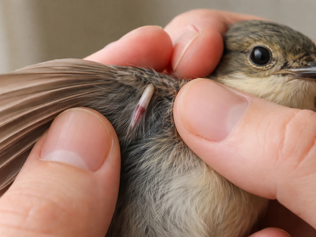 Close-up of a gently held bird showing an intact pin feather sheath near the base.