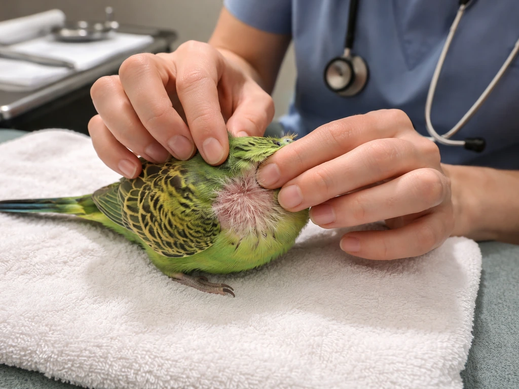 Vet gently examining a pet bird’s feather loss on an exam table in a quiet clinic room.
