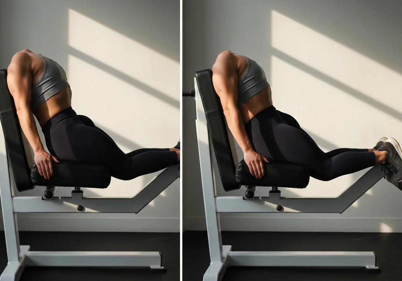 Side-by-side photo showing correct neutral-back leg extension versus incorrect lower-back arch and hip collapse.