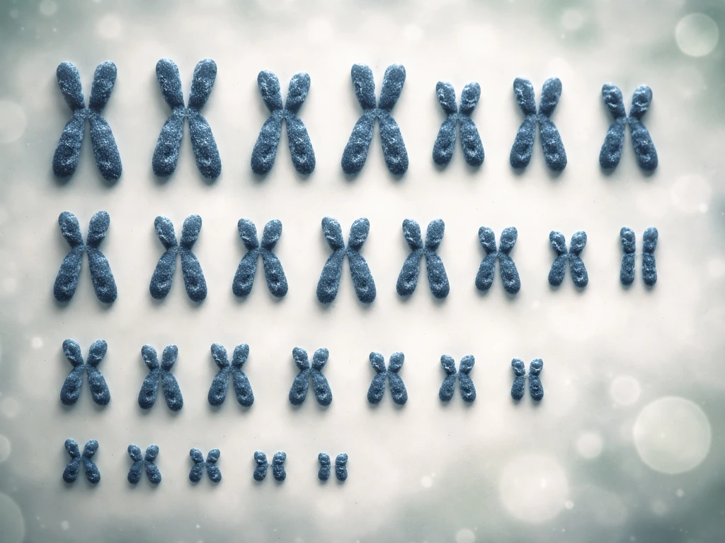 Close-up karyotype-style avian chromosomes over a blurred microscope background