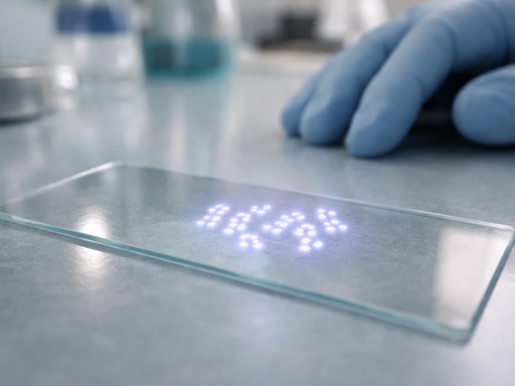 Macro view of a microscope slide with glowing paired chromosome-like strands on a lab bench.