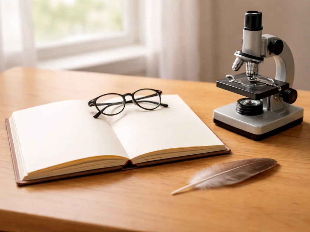 Minimal photo of a simple bird-feather and microscope setup representing diploid numbers for several bird species.