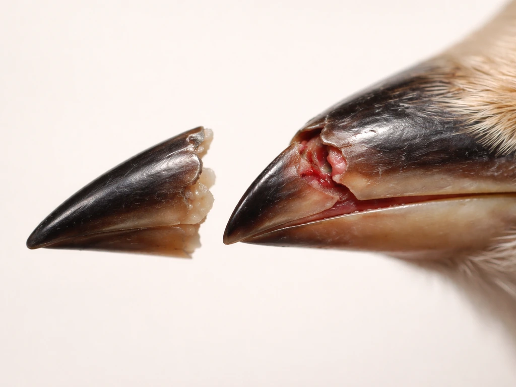Close-up of a bird beak showing a minor chip and a deeper break with slight blood at the margins.