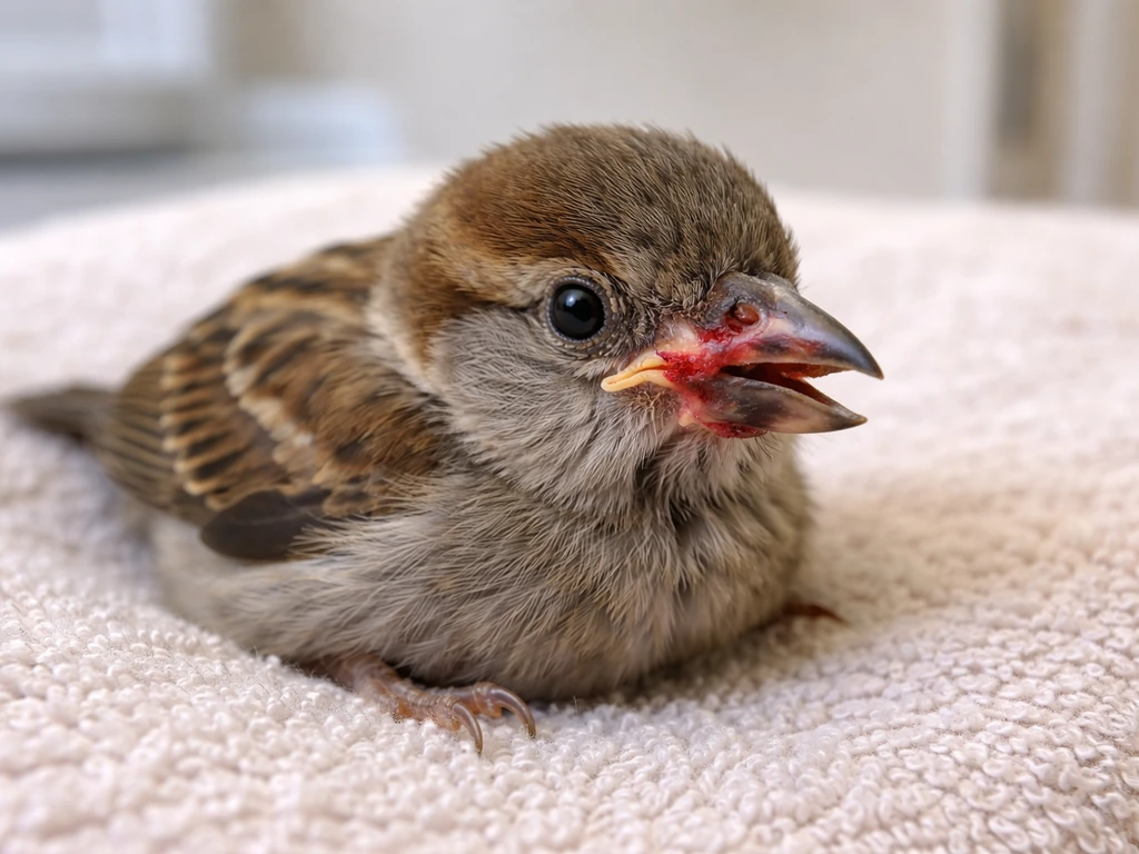 Close-up of an injured bird’s beak with exposed raw tissue and visible misalignment, prompting urgent help.
