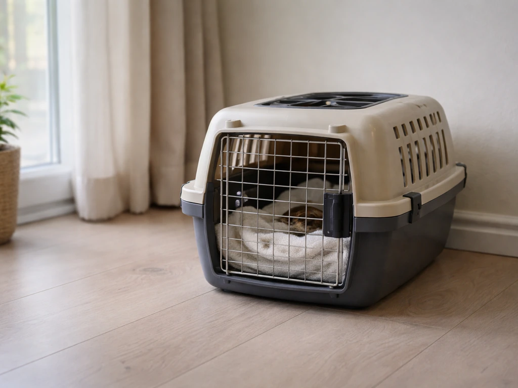Small secure carrier with soft towel in a calm room, suggesting safe handling for an injured bird.