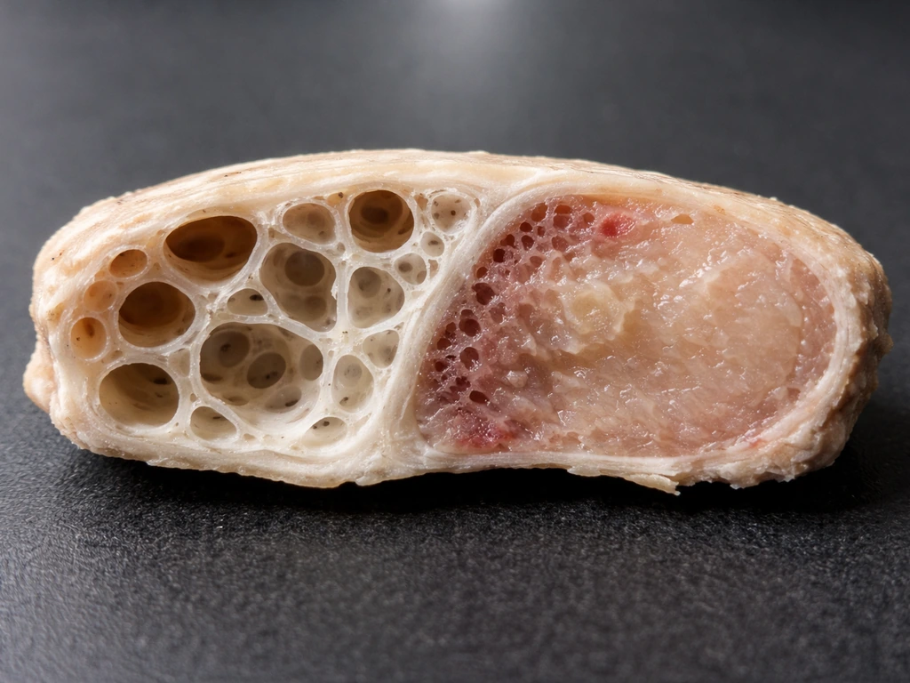 Macro view of a bird bone cross-section showing hollow air spaces and marrow-like tissue regions.
