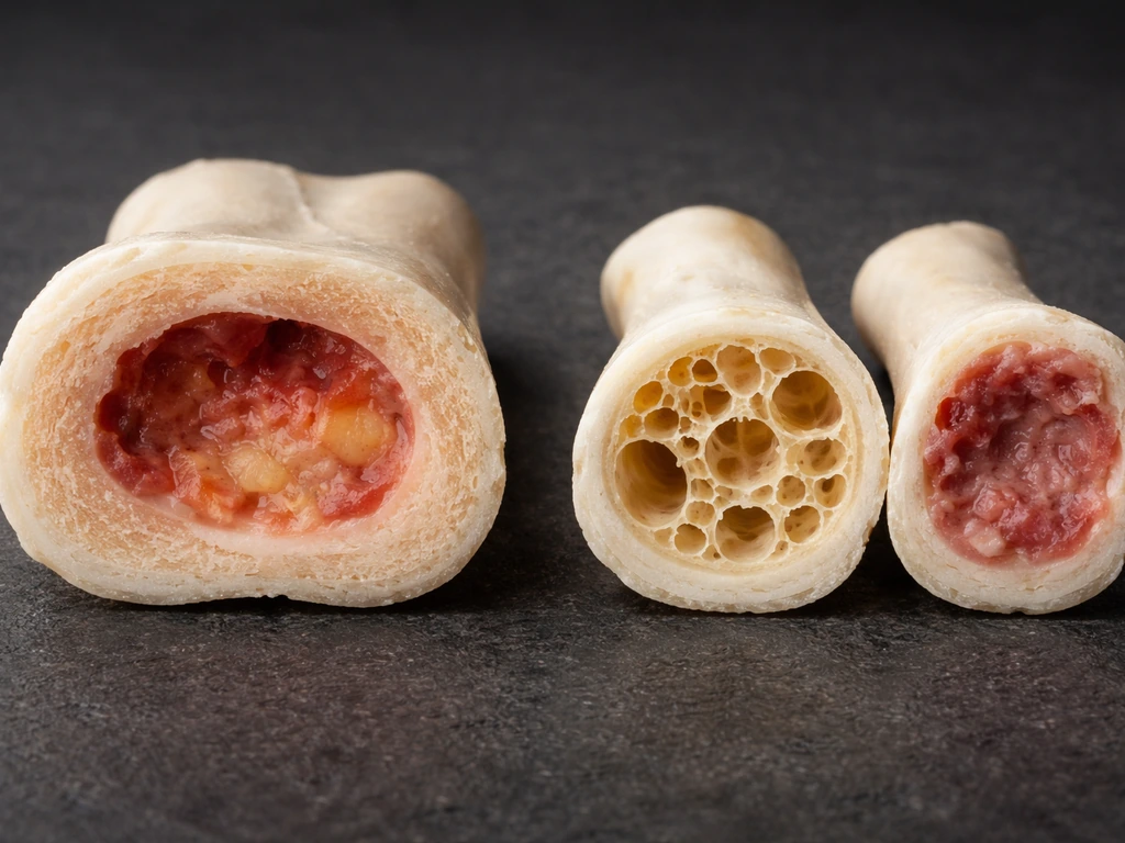 Side-by-side bone cross-sections showing mammal marrow-filled cavity versus bird air spaces and marrow-like tissue.