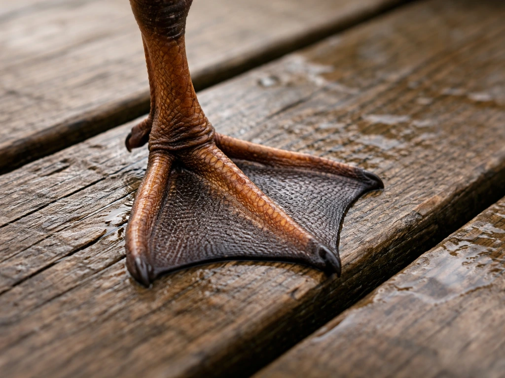 Close-up of a duck/goose foot on a wooden dock showing front toe webbing and a small raised hind toe.