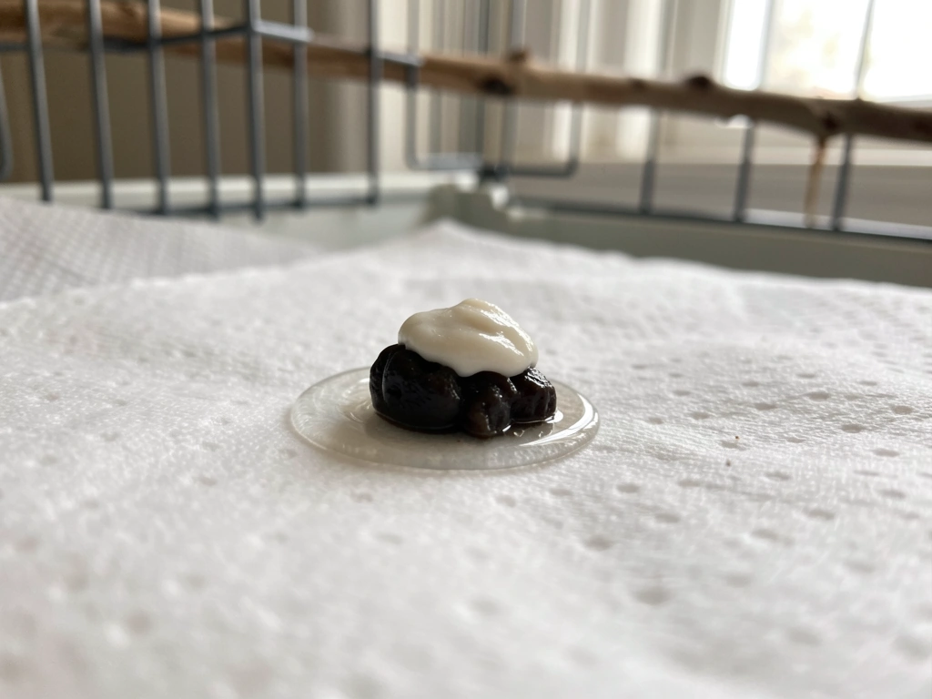 Bird dropping showing dark feces, white urate cap, and clear liquid ring
