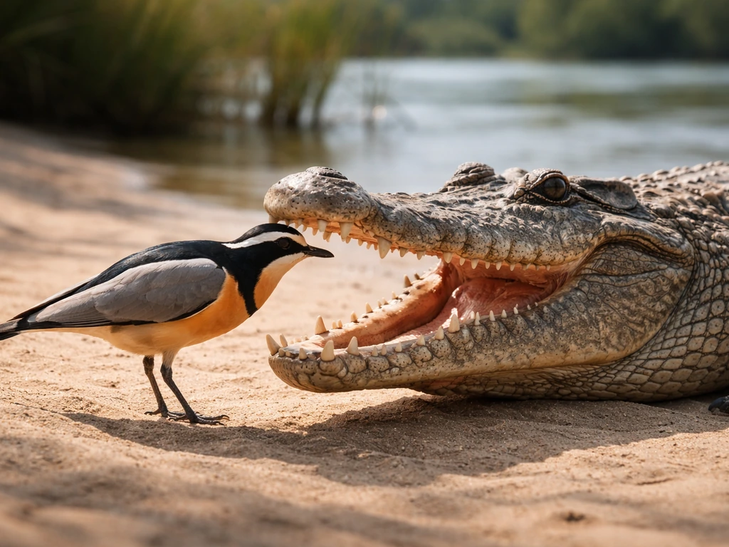 Egyptian plover perched beside a Nile crocodile with its mouth open on a sandy riverbank.