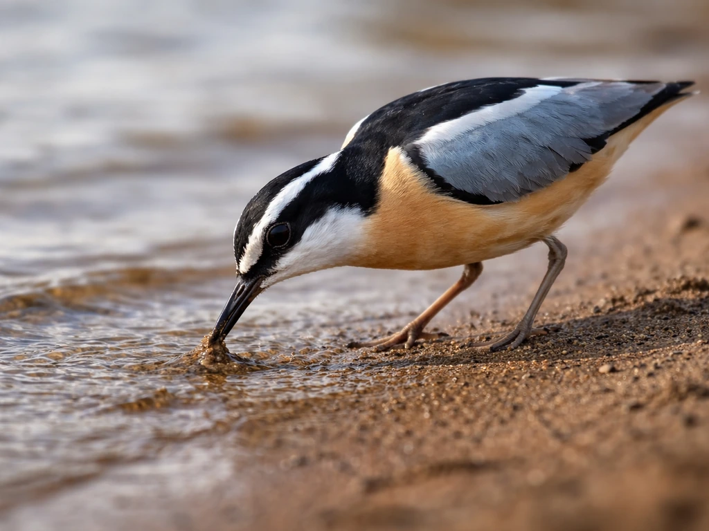 Egyptian plover probing damp sand at a river edge in search of insects and small invertebrates.