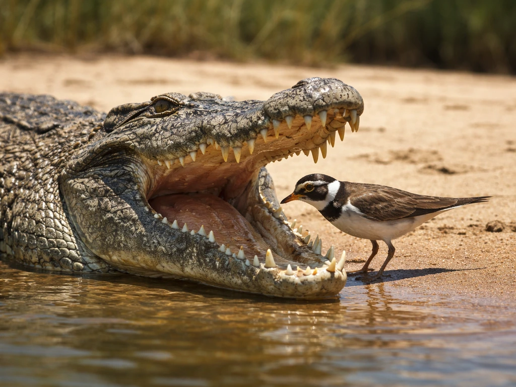 Nile crocodile basking with mouth open on a sandbar as a plover approaches and pecks near the rim.