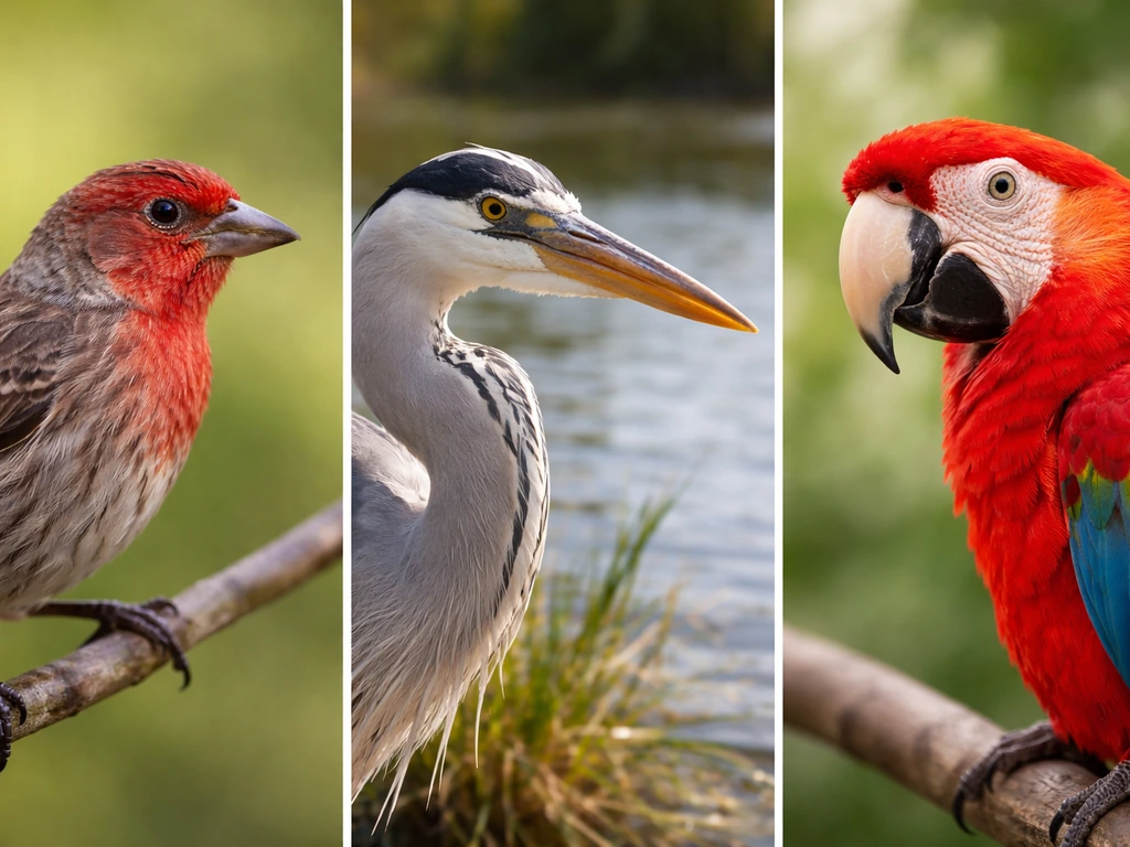 Three bird species with distinct beak shapes—finch, heron, and parrot—on simple natural backgrounds