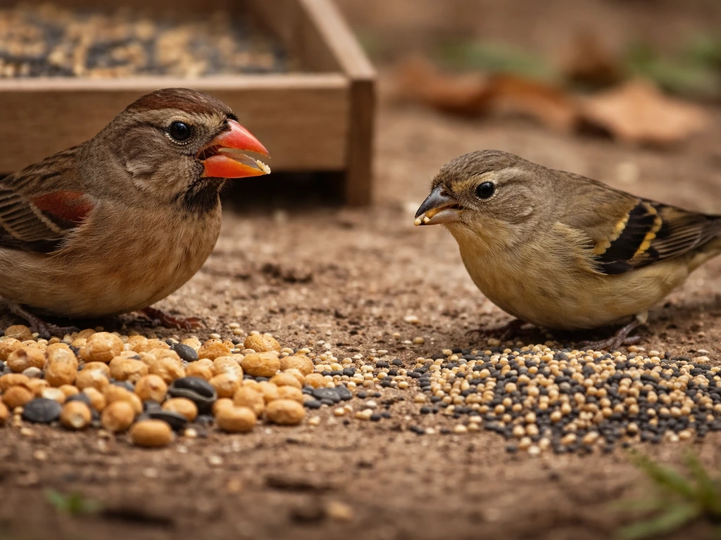 Two finch-like birds with different beak sizes feed on different seed types on natural ground.