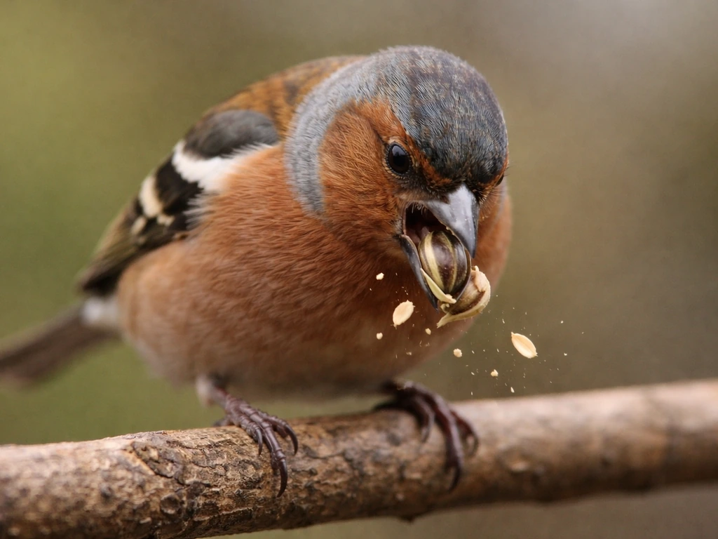 Close-up of a finch cracking husks on a seed, showing efficient feeding in natural light.