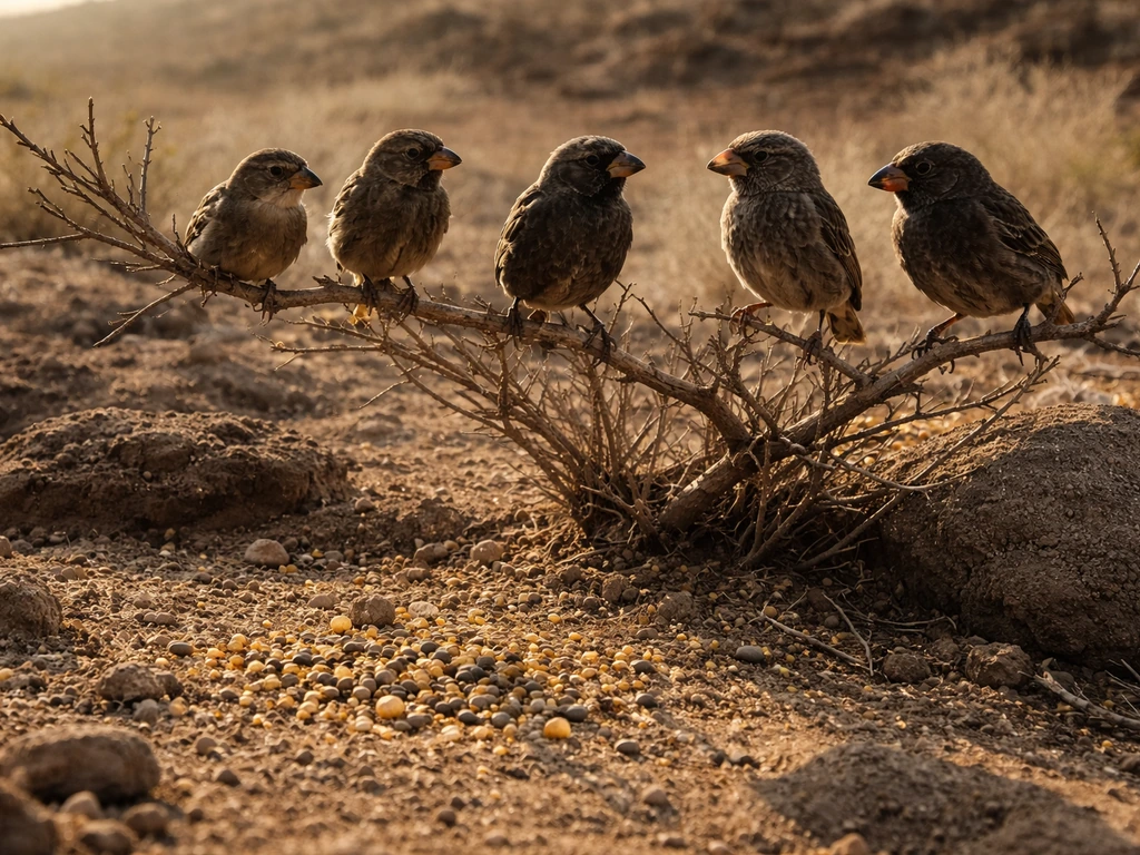 Darwin’s finch-like small birds perched on branches with different seed sizes during a dry drought, minimal scene
