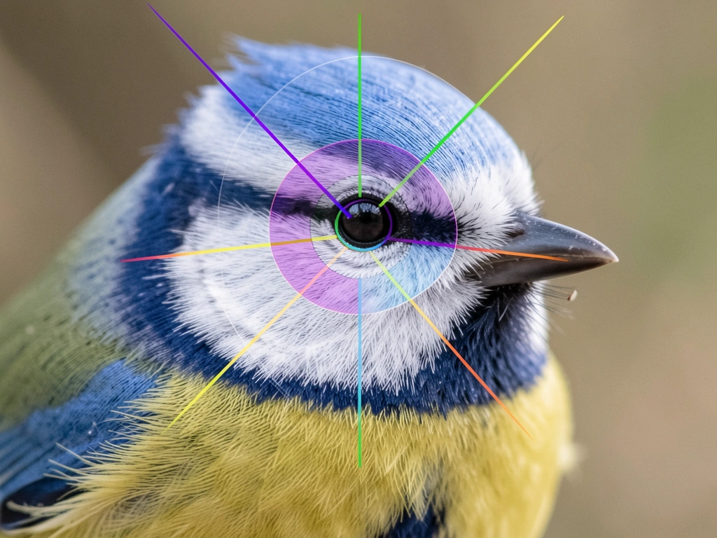 Close-up view of bird eye with visible cone-like structure illustration overlay (UV-capable color vision concept).