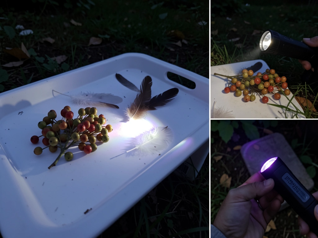 A UV flashlight lighting a berry/feather, showing UV fluorescence patterns (in visible light).