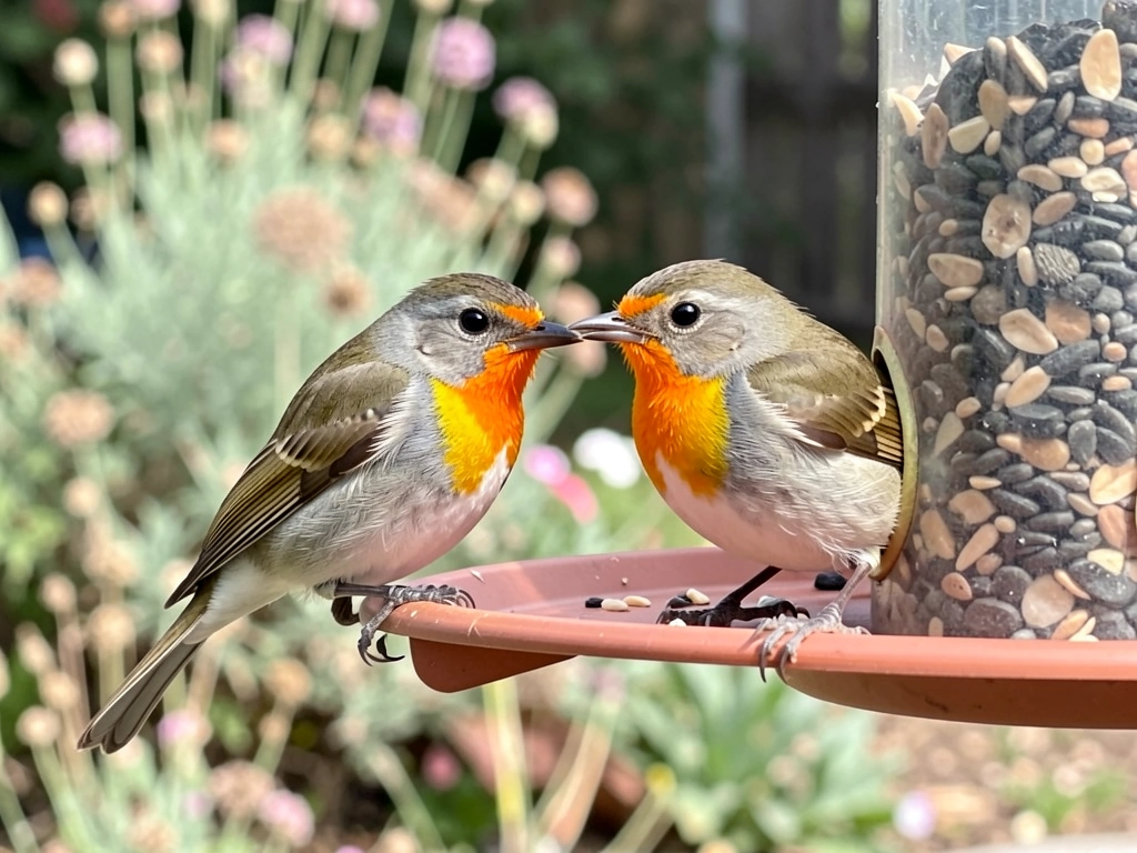 Two colorful birds at a feeder displaying carotenoid-like plumage during courtship behavior.