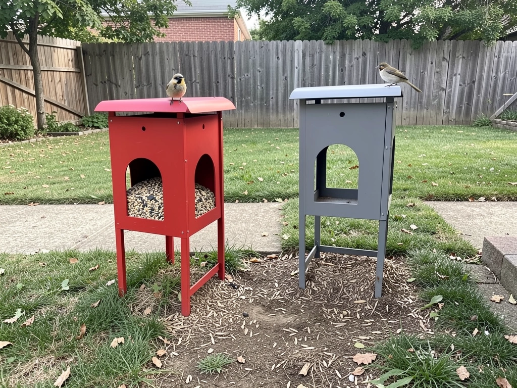 Home bird-watching setup with two feeders of different colors side-by-side.