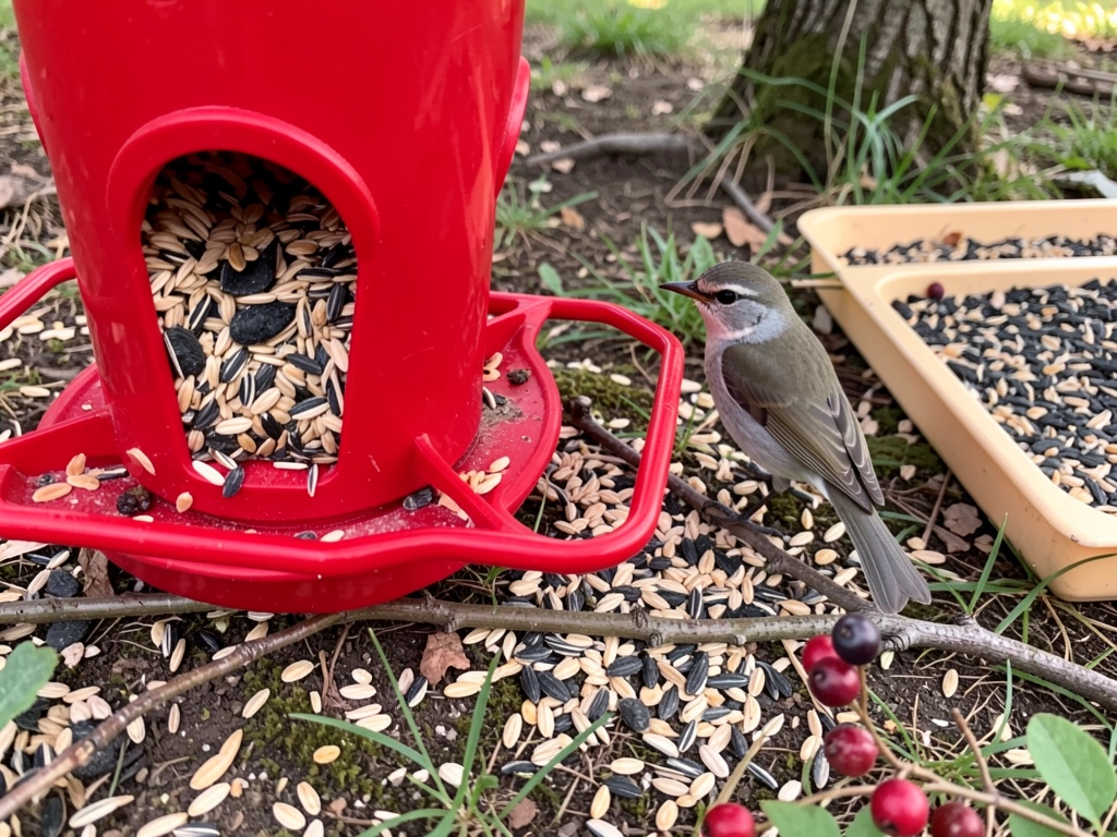 A red feeder with birds visiting, illustrating that red attraction is not universal.