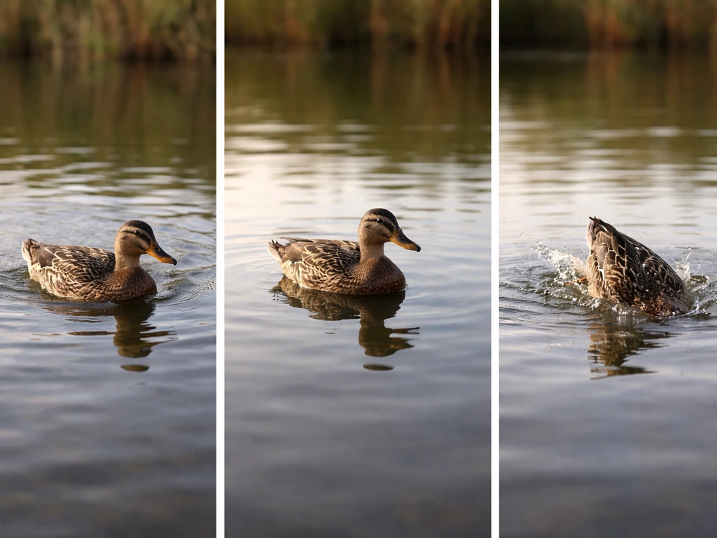 Three moments of a mallard in water: paddling at the surface, floating, and diving underwater.